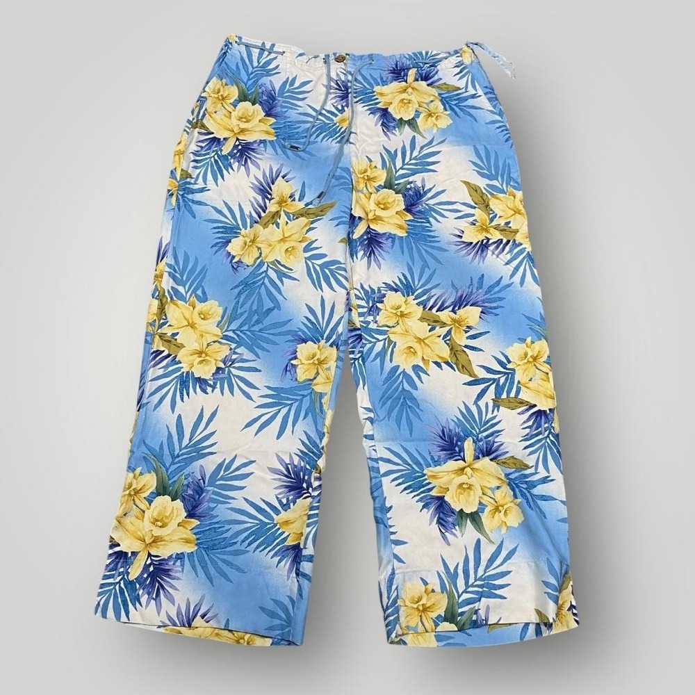 Kriss Kross Pants Womens 8 Blue Yellow Silk Tropical Floral‎ Wide Leg Resort